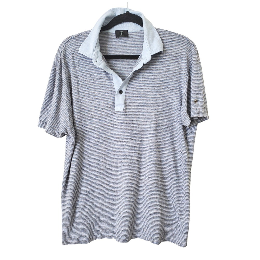 Bogner Mens XL Polo Shirt Blue Striped 100% Linen Made in Italy Short Sleeve